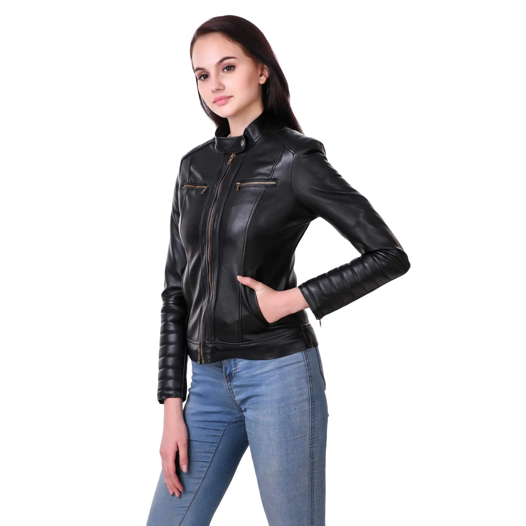 Leather Retail Woman Black Color Faux Leather Jacket (M, Black)