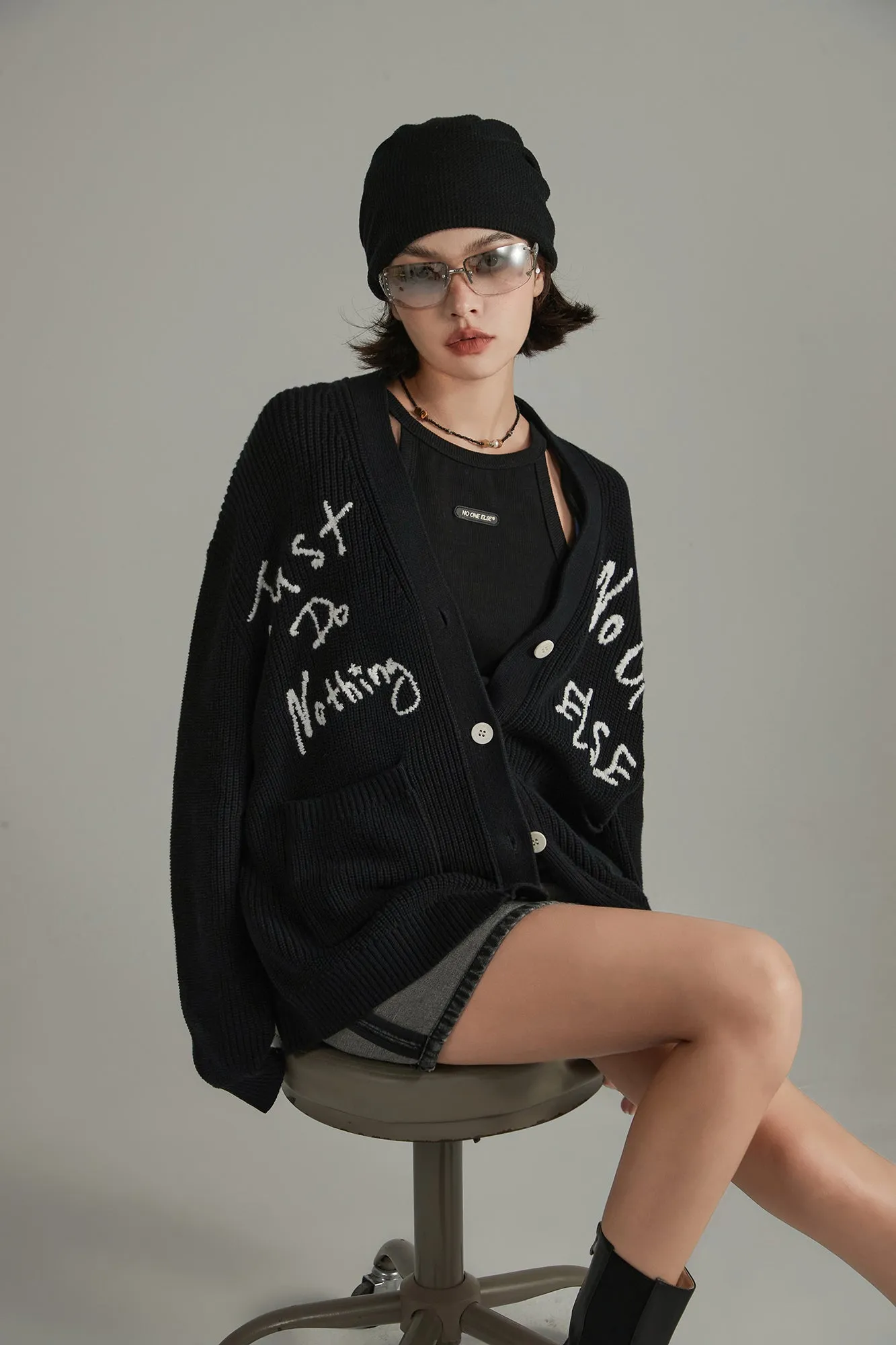 Lettering Pocket Knit Cardigan