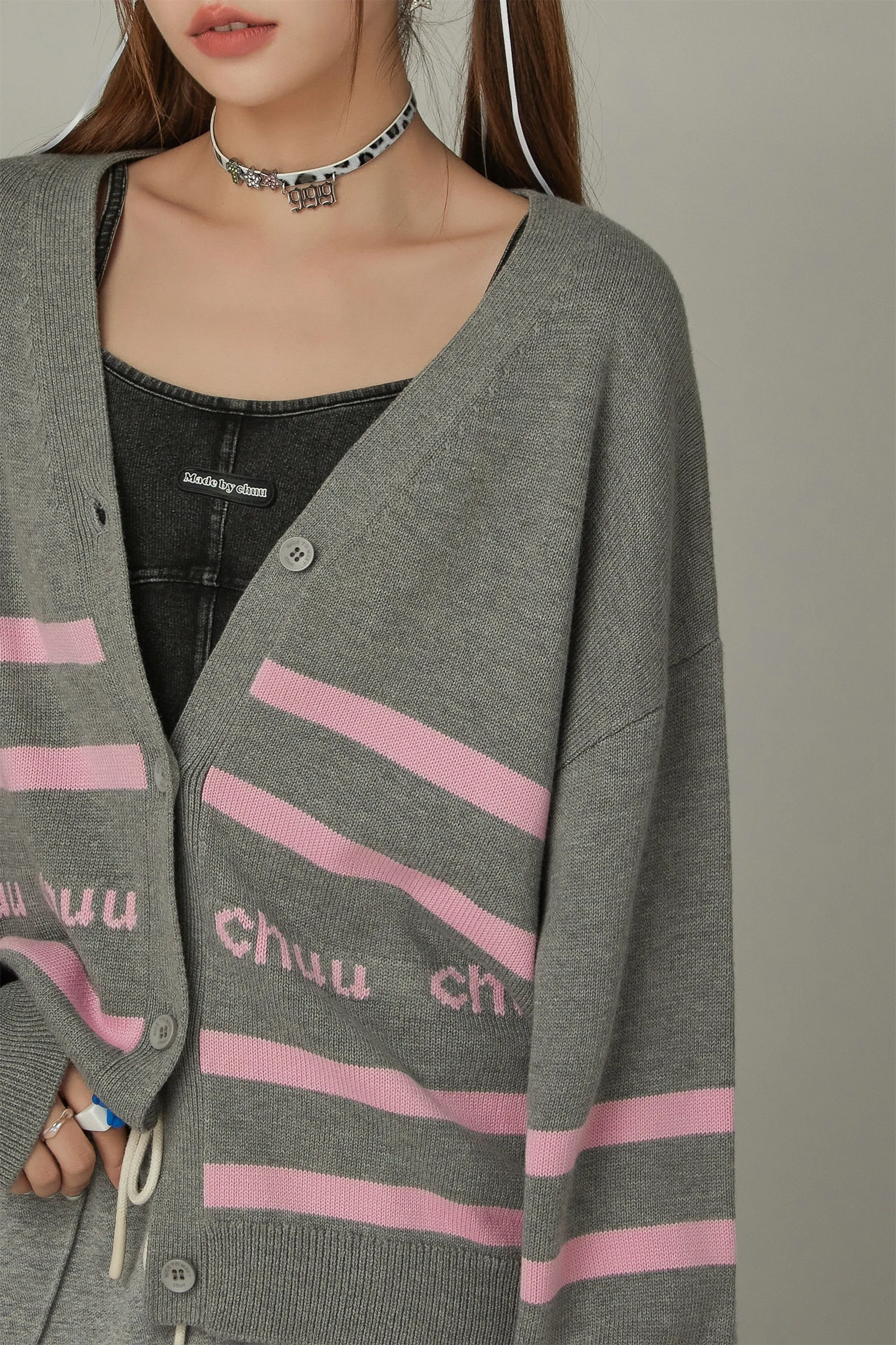 Lettering Striped Knit Cardigan