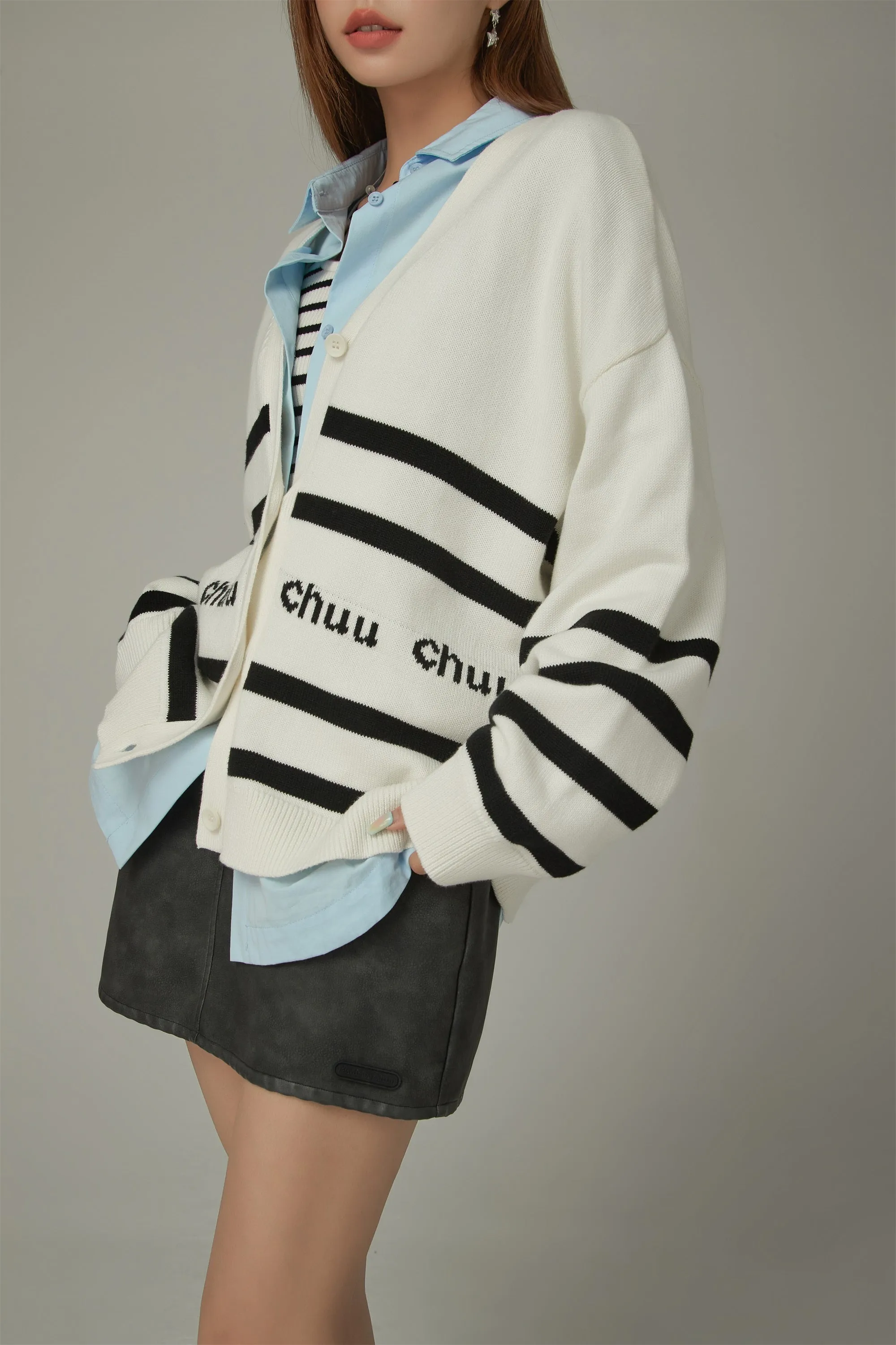 Lettering Striped Knit Cardigan