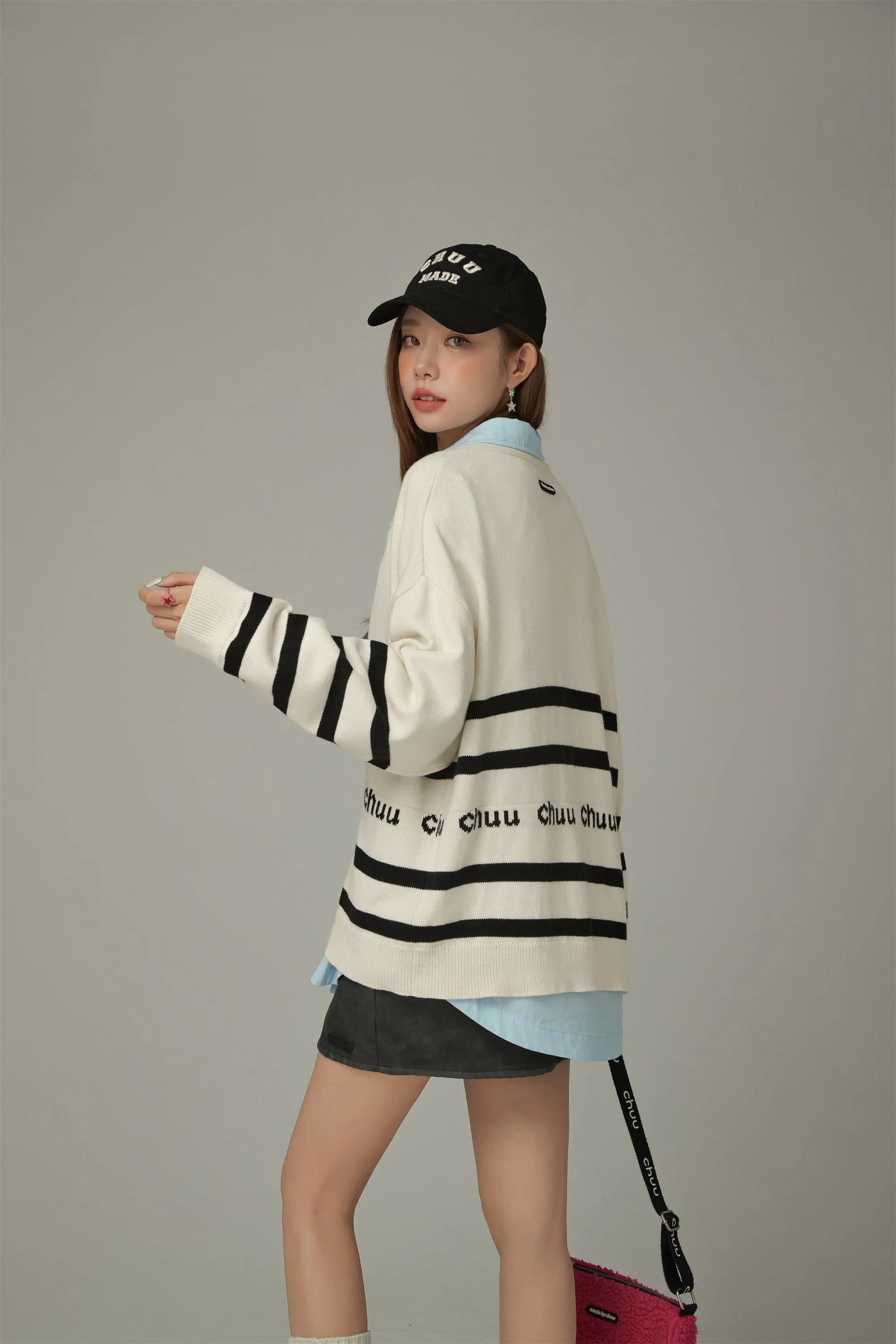 Lettering Striped Knit Cardigan