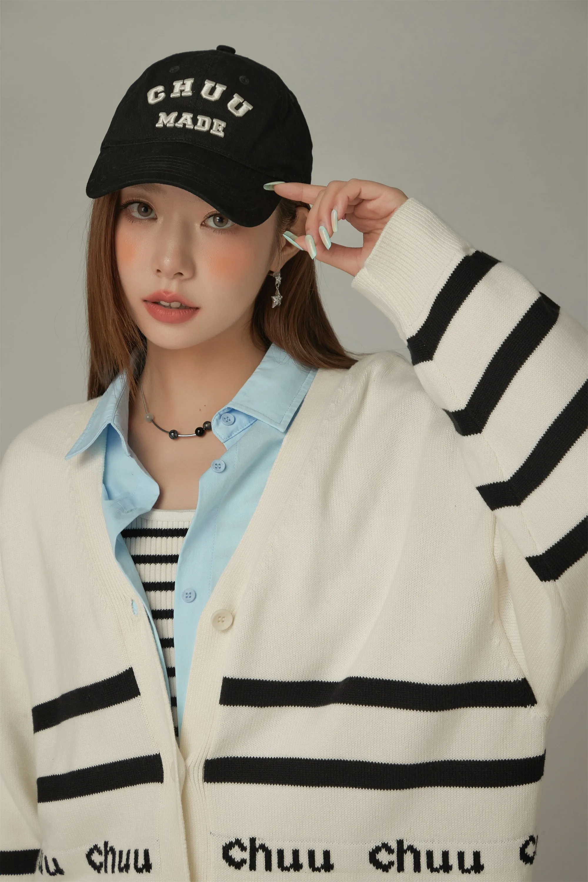 Lettering Striped Knit Cardigan