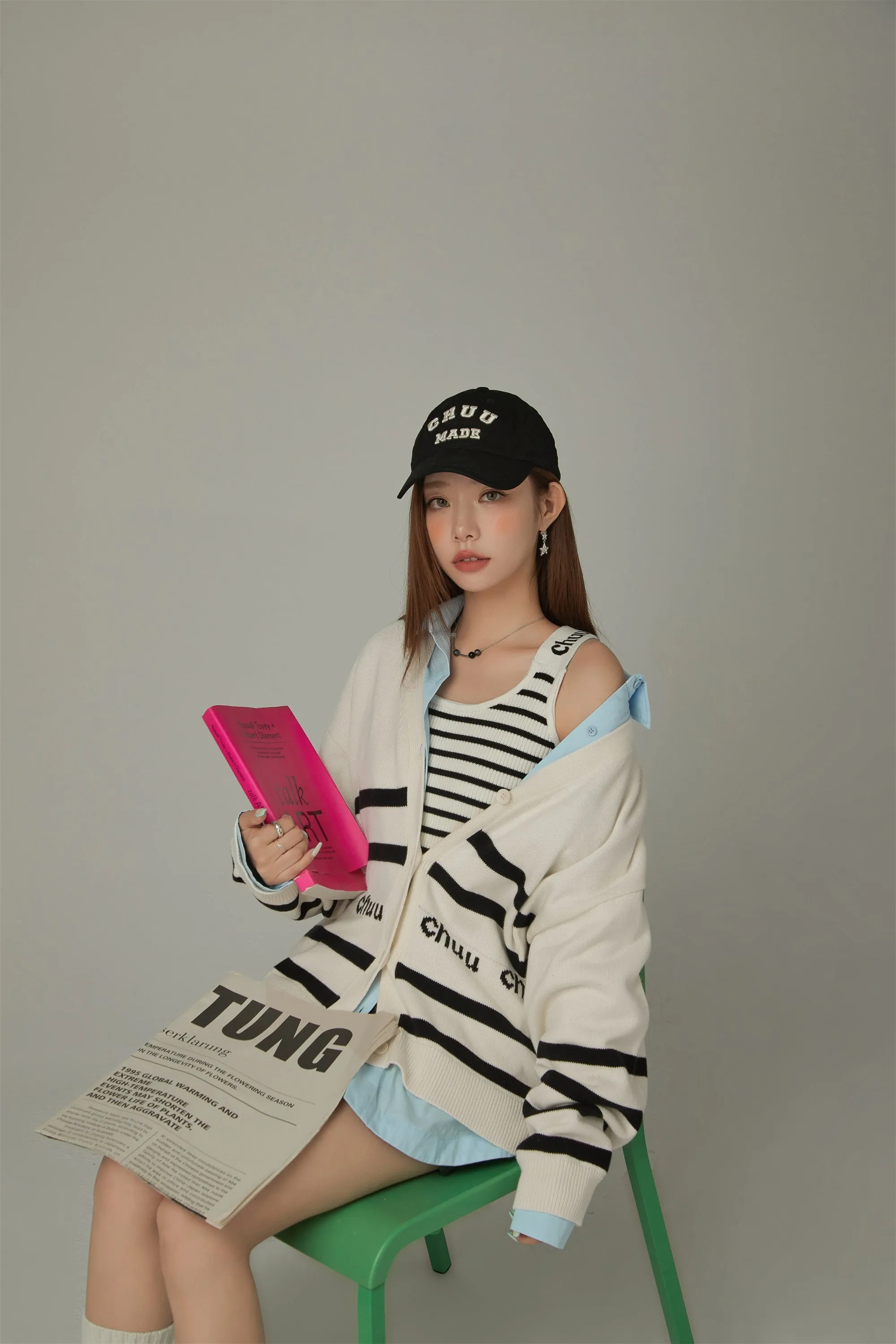 Lettering Striped Knit Cardigan