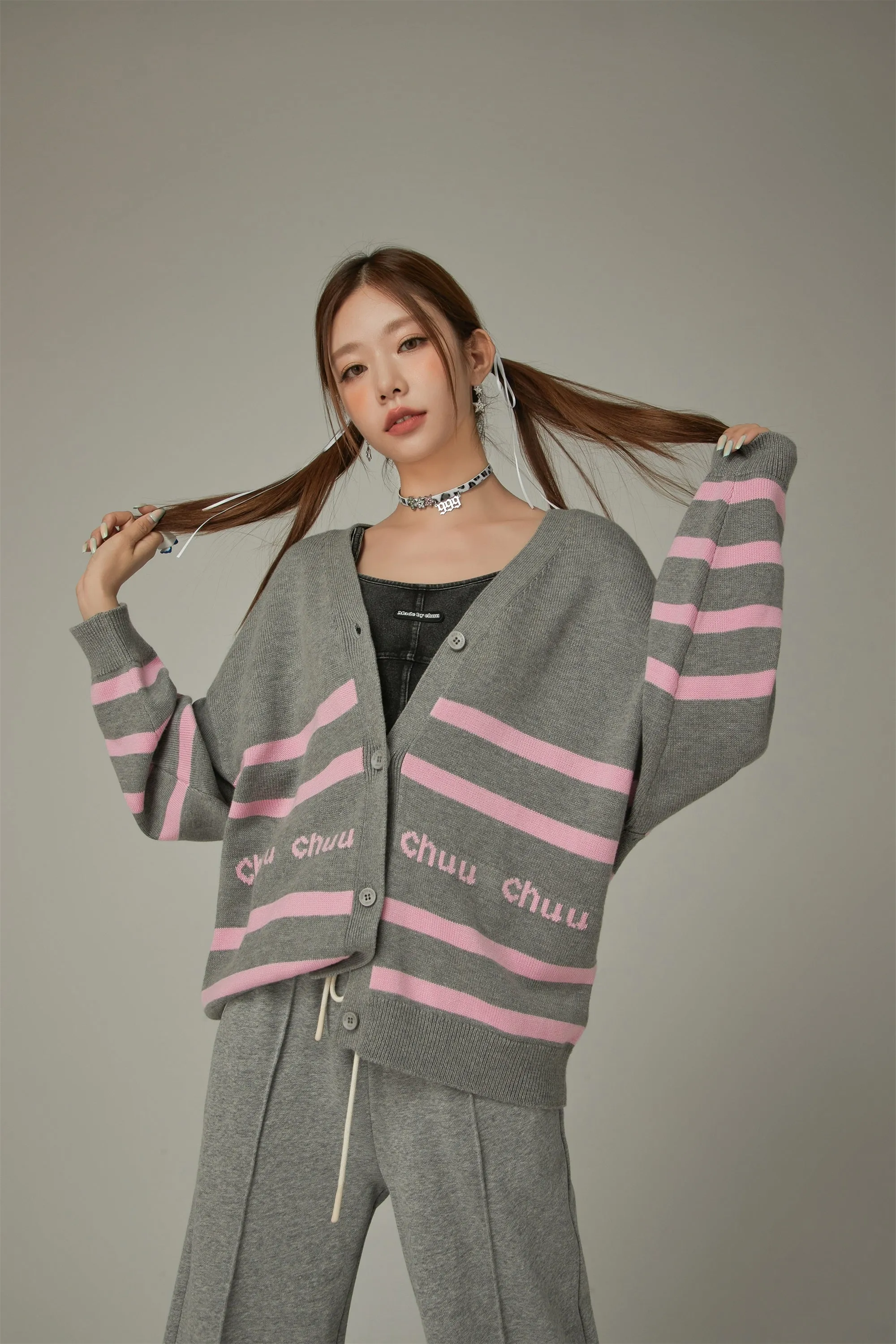 Lettering Striped Knit Cardigan