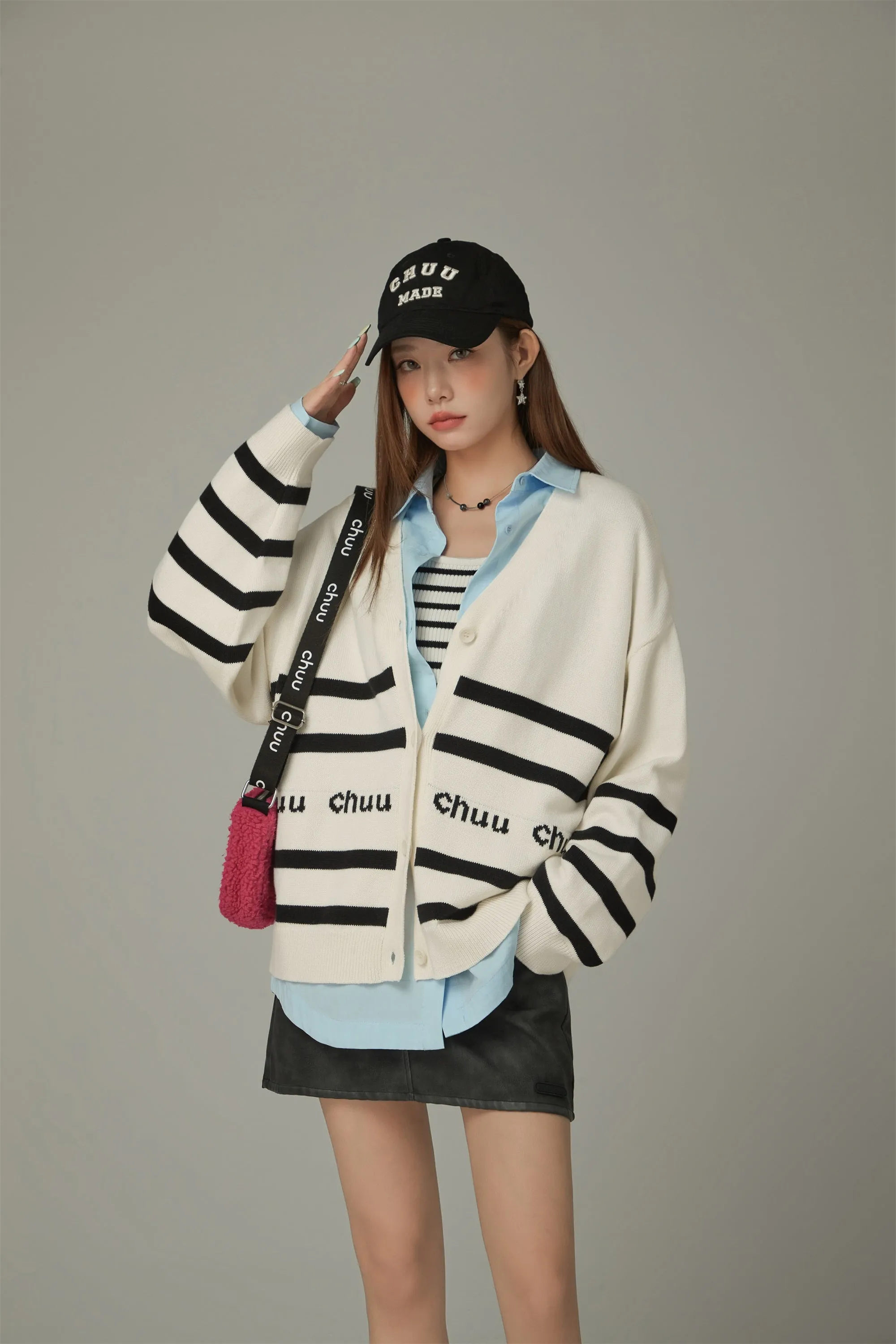 Lettering Striped Knit Cardigan