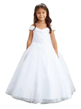 Little Girls Ivory Off Shoulder Lace Applique Corset Back Pageant Dress 2-6