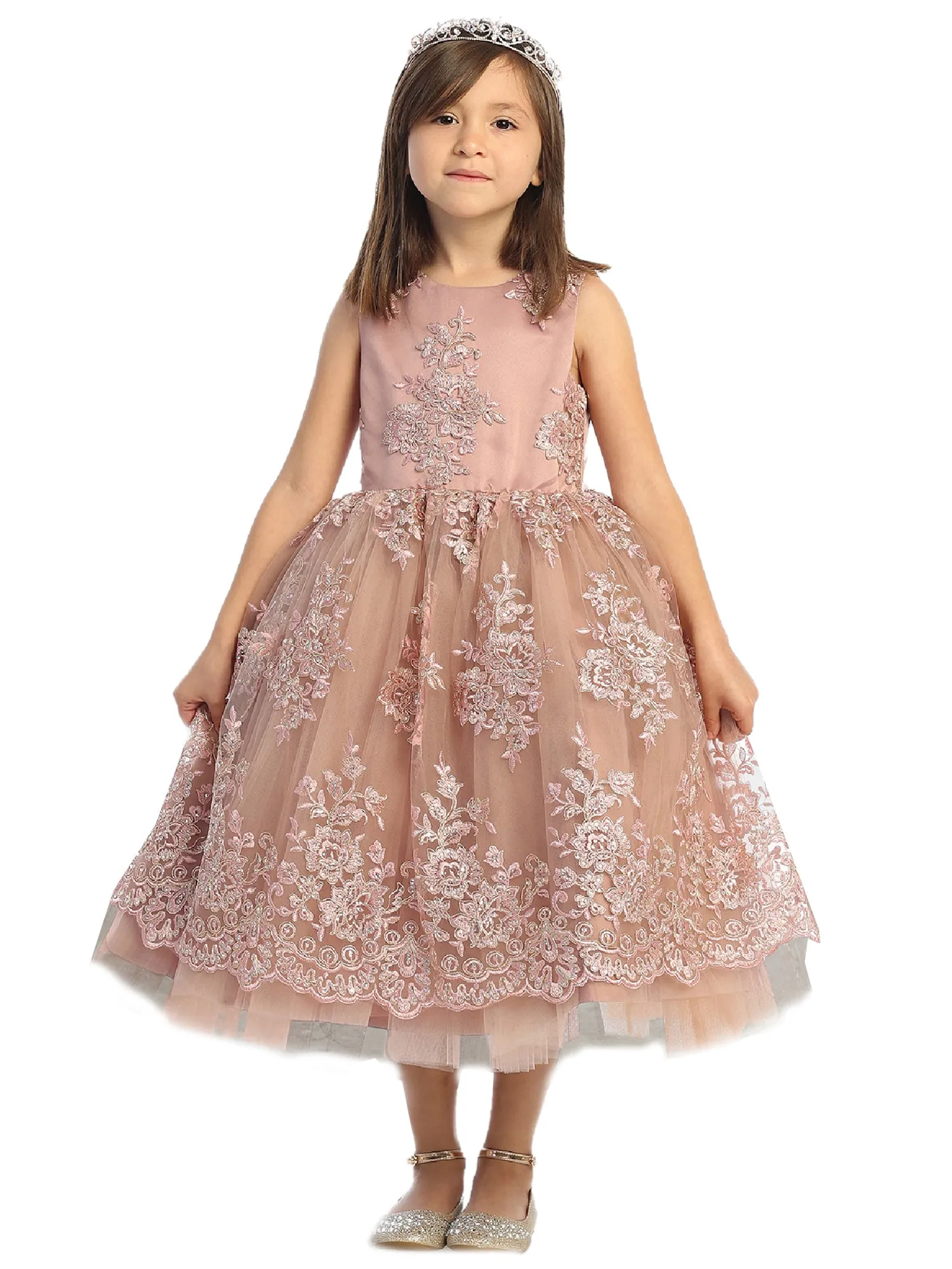 Little Girls Mauve Metallic Lace Overlay Tulle Flower Girl Dress 2-6