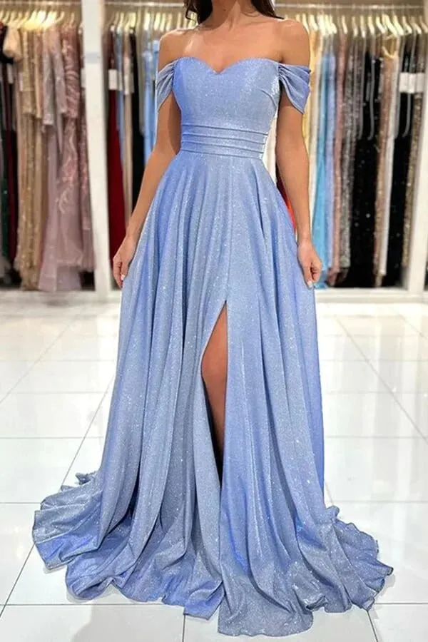 Long A-line Off-the-Shoulder Shiny Blue Prom Dresses, Evening Dresses