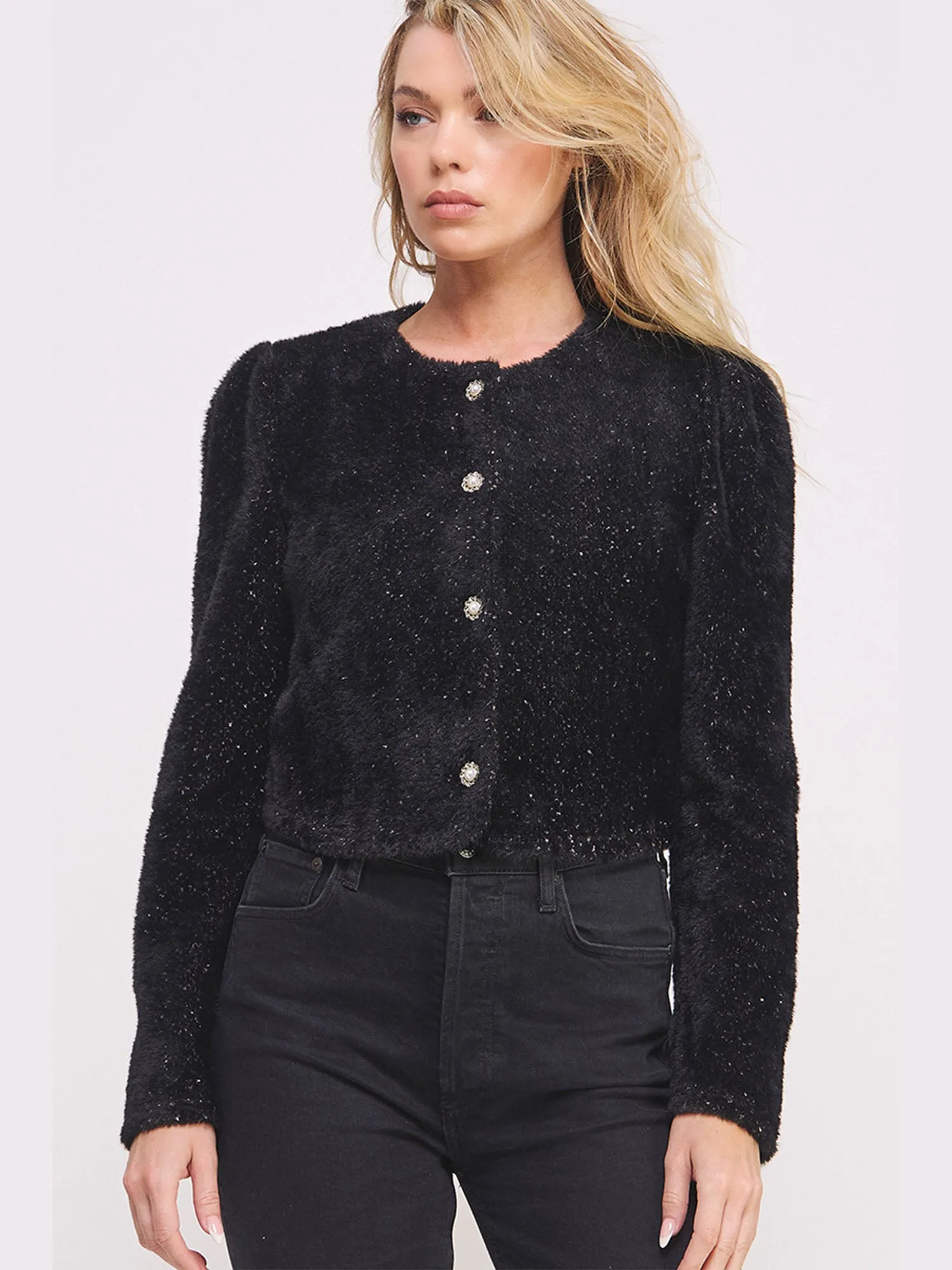 Long Sleeve Fuzzy Lurex Pearl Button Cardigan