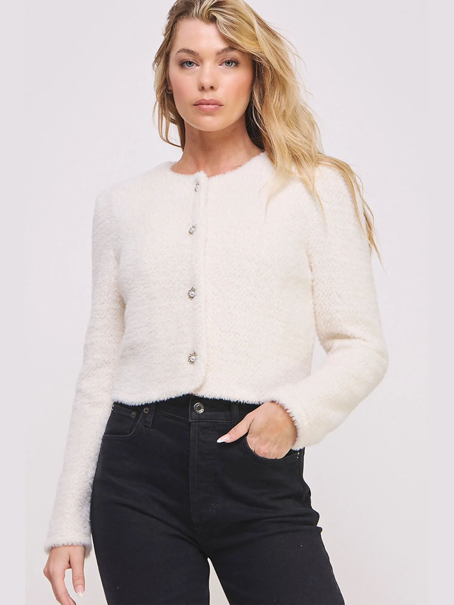 Long Sleeve Fuzzy Lurex Pearl Button Cardigan