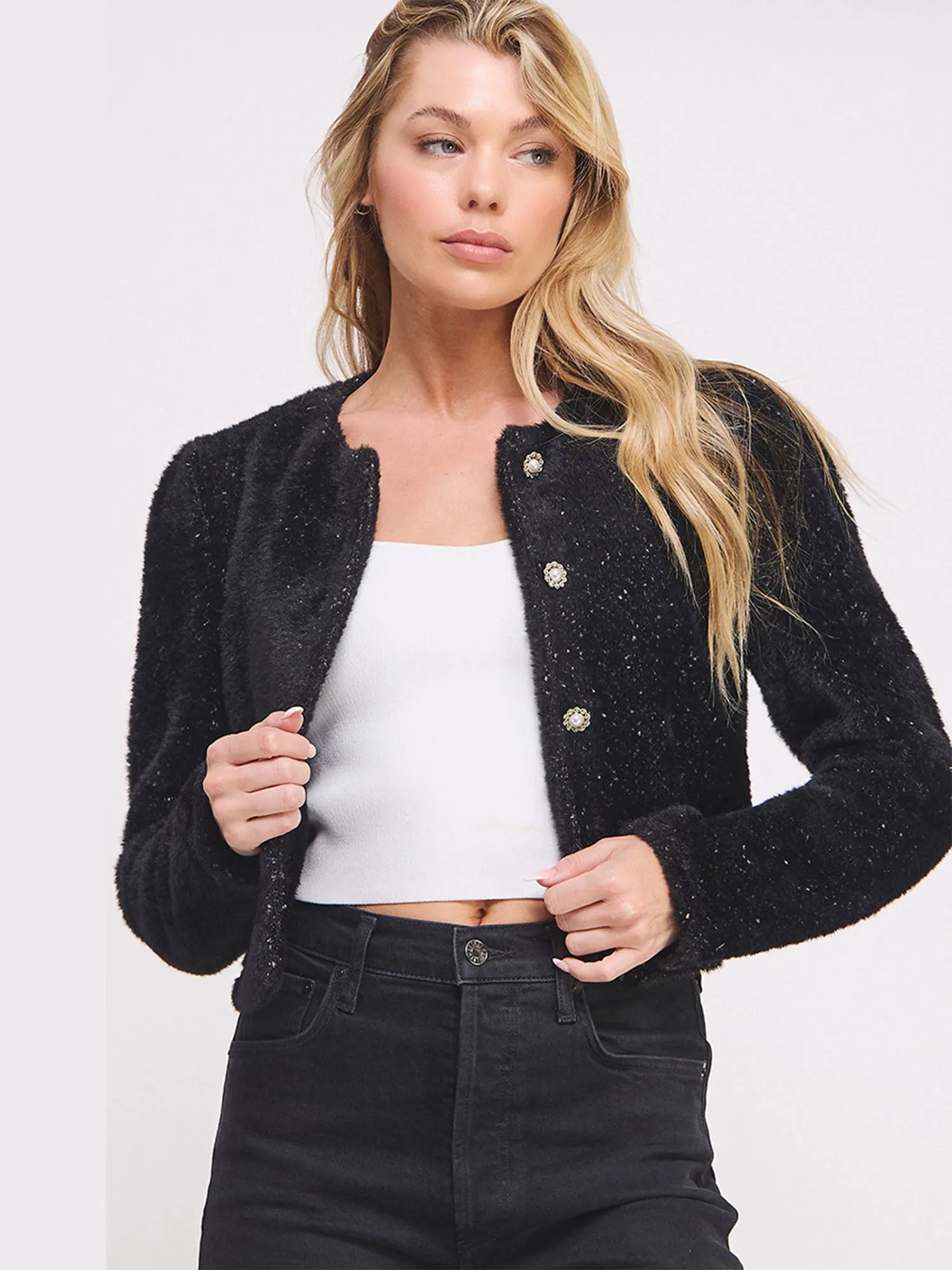 Long Sleeve Fuzzy Lurex Pearl Button Cardigan