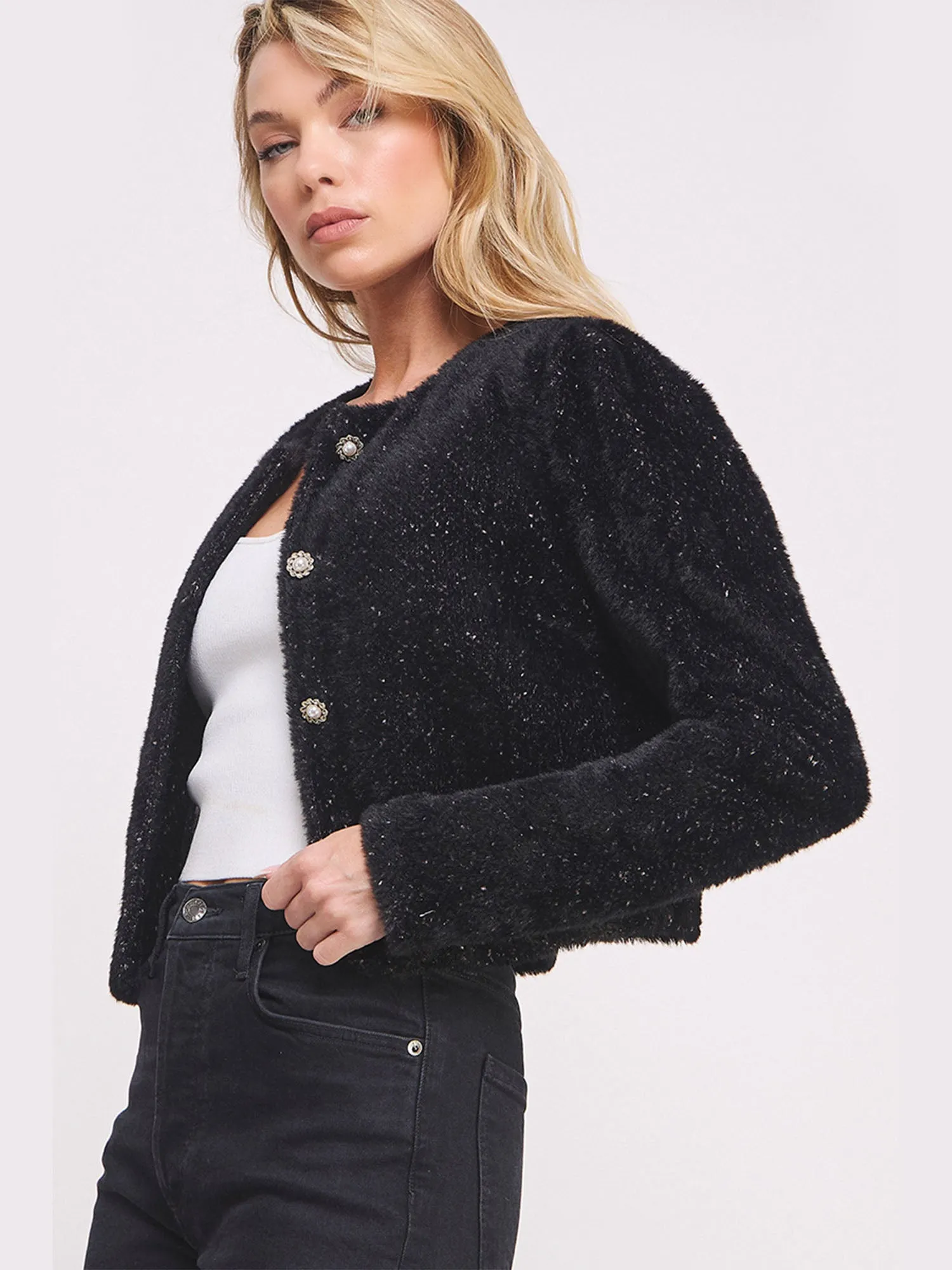 Long Sleeve Fuzzy Lurex Pearl Button Cardigan