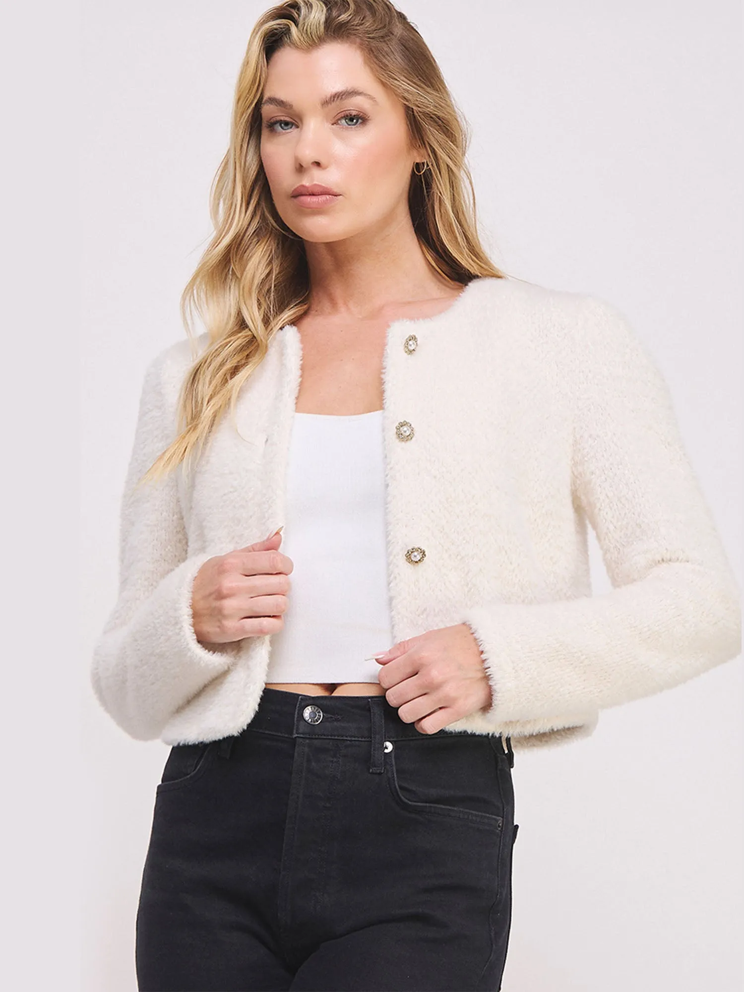 Long Sleeve Fuzzy Lurex Pearl Button Cardigan