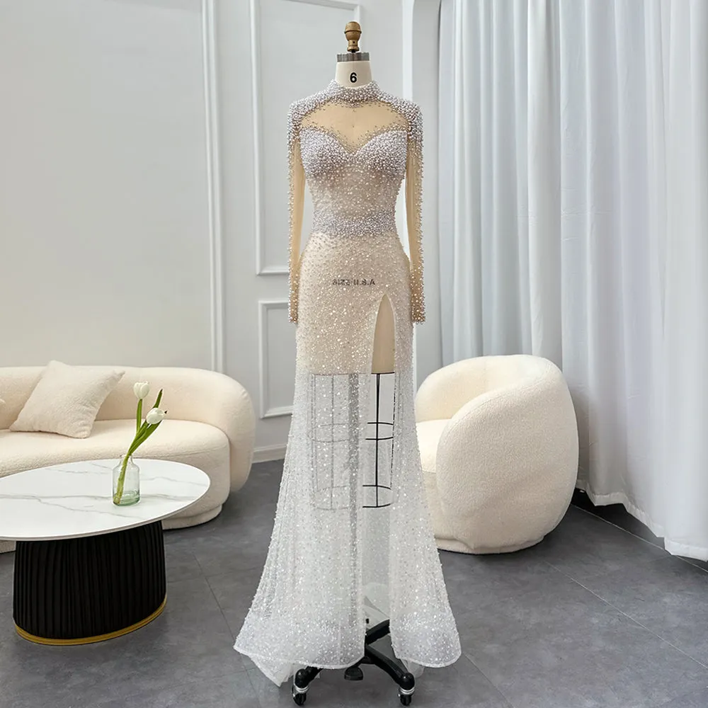 Luxury Pearls Long Sleeves High Slit Cocktail Party Dress RM028