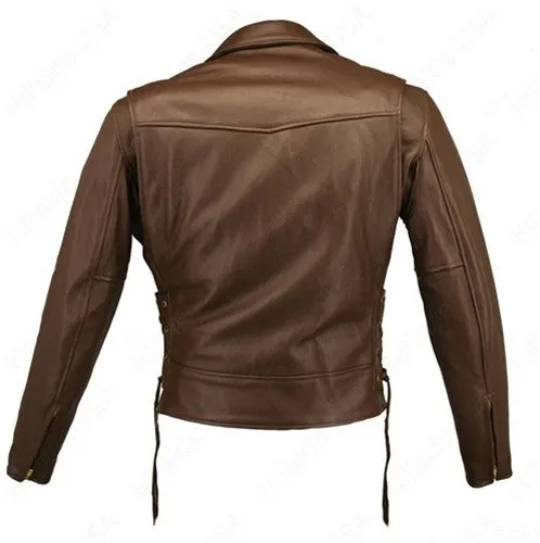 Mens Made in USA Brown 1.6-1.8 mm Thick Naked Leather Motorcycle Jacket