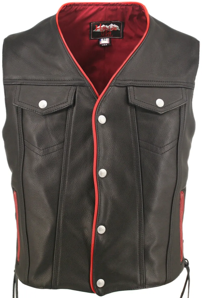 Men's Made in USA Naked Leather Motorcycle Vest Red Trim Leather Lined Gun Pockets