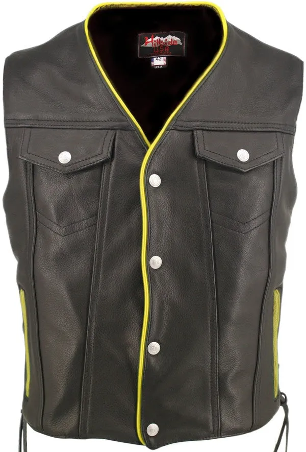 Men's Made in USA Naked Leather Motorcycle Vest Yellow Trim Leather Lined Gun Pockets