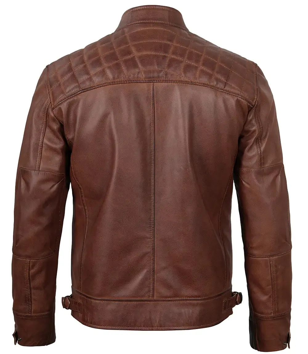 Mens Tall Cognac Cafe Racer Leather Jacket