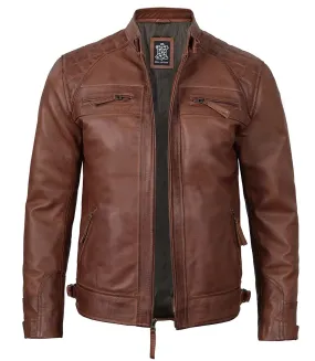 Mens Tall Cognac Cafe Racer Leather Jacket