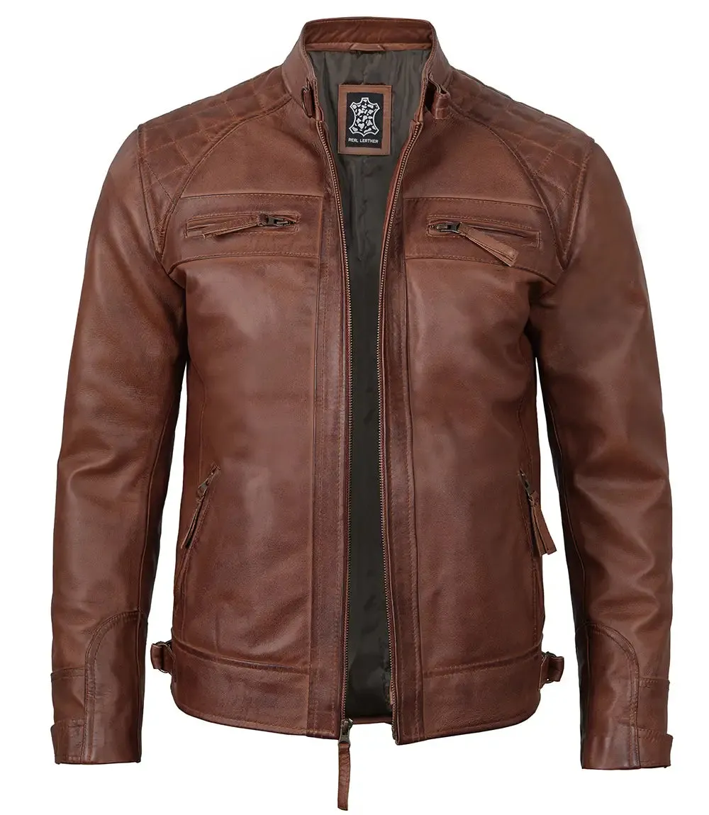 Mens Tall Cognac Cafe Racer Leather Jacket