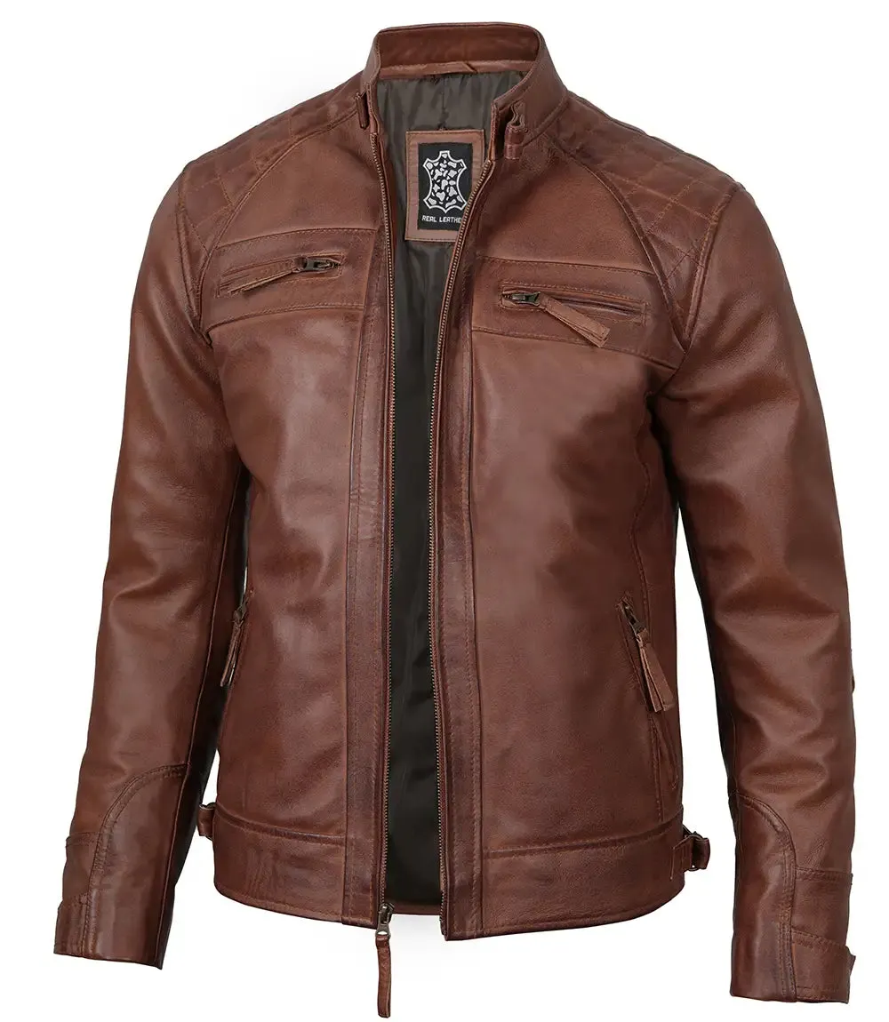 Mens Tall Cognac Cafe Racer Leather Jacket