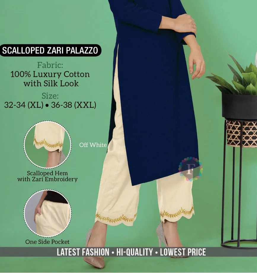 Off- White Cotton Palazzo Pants with Zari Embroidery