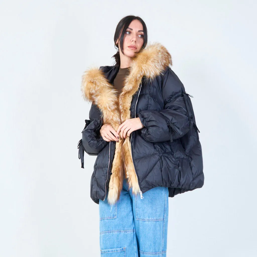 Oversized puffer duck down jacket with faux fur hood wholesale