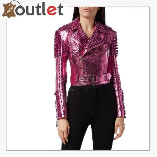 Pink Metallic Studded Biker Jacket