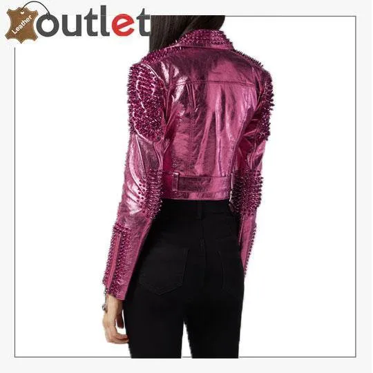 Pink Metallic Studded Biker Jacket