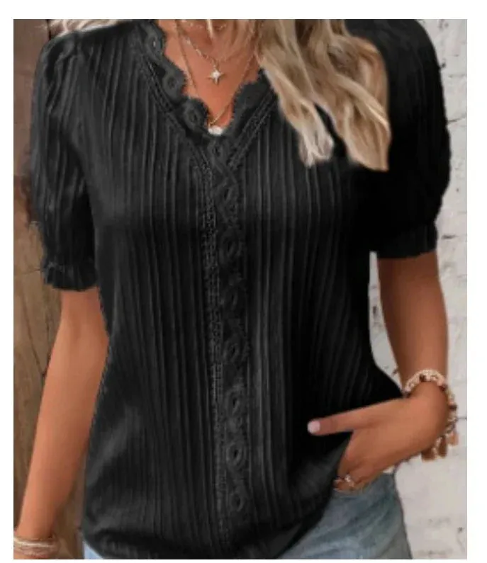 Summer Puff Sleeve Sweater with Hollow-out Design - Moda Blouse