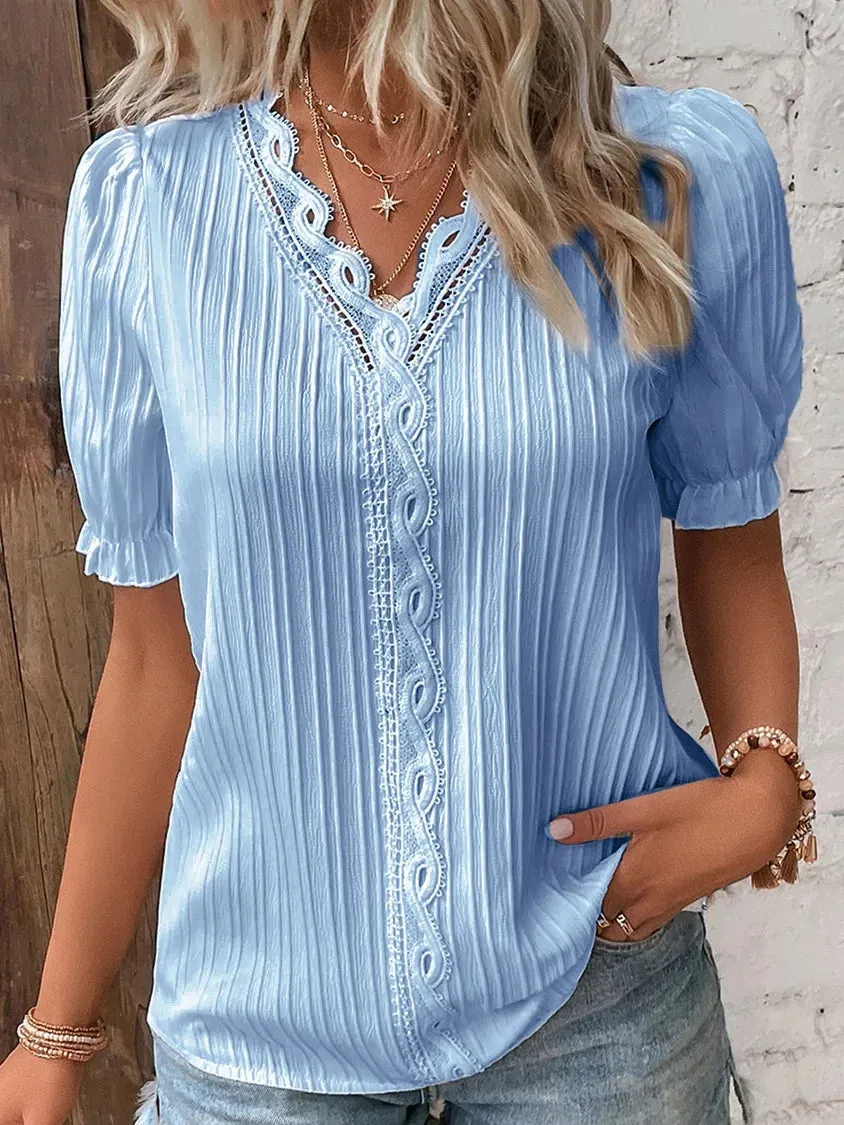 Summer Puff Sleeve Sweater with Hollow-out Design - Moda Blouse