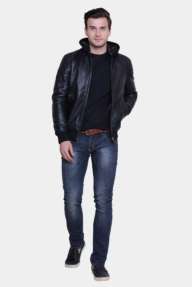 Theo Black Hooded Leather Jacket