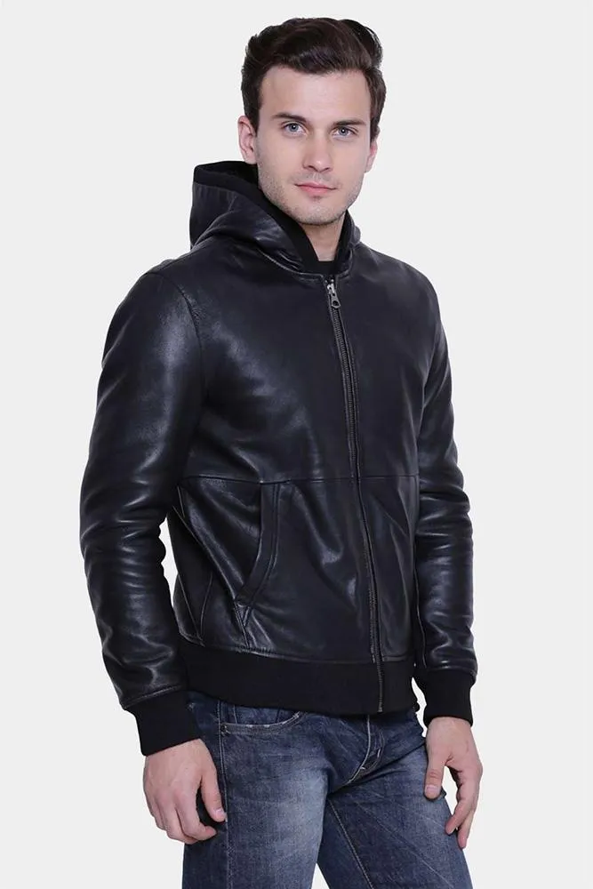 Theo Black Hooded Leather Jacket