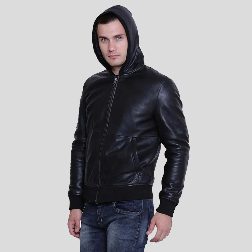 Theo Black Hooded Leather Jacket