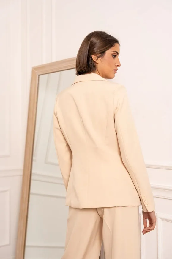 Timeless One-Button Fitted Plain Jacket Beige