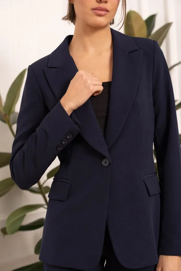 Timeless One-Button Fitted Plain Jacket Navy