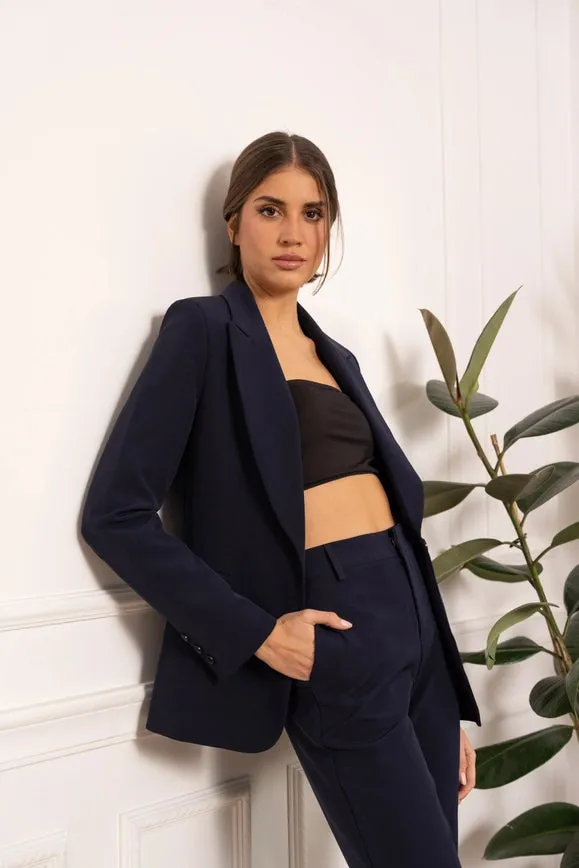 Timeless One-Button Fitted Plain Jacket Navy