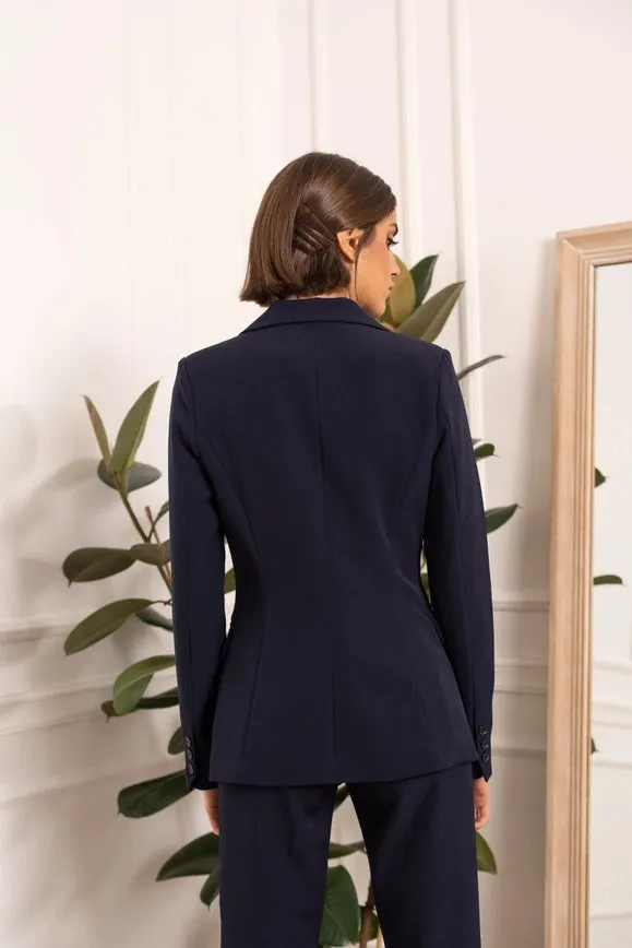 Timeless One-Button Fitted Plain Jacket Navy