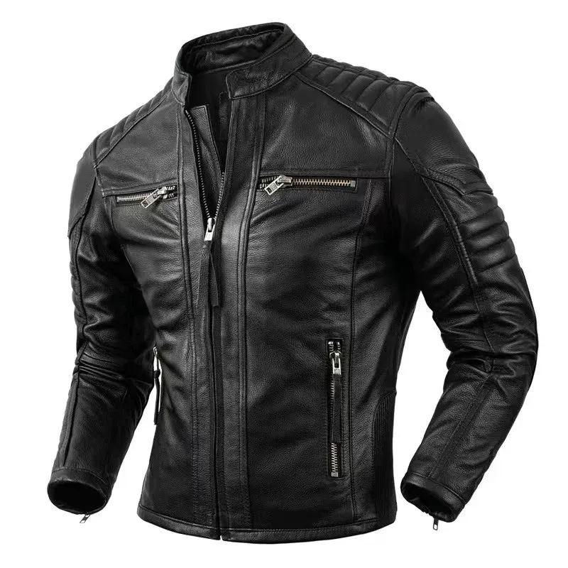 Top-Quality Cowhide Genuine Leather Jacket Men's Fashion Retro Old Collar Biker Jacket Spring And Autumn New Style