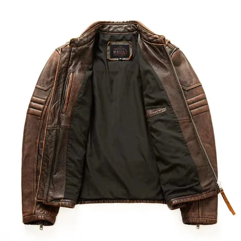 Top-Quality Cowhide Genuine Leather Jacket Men's Fashion Retro Old Collar Biker Jacket Spring And Autumn New Style