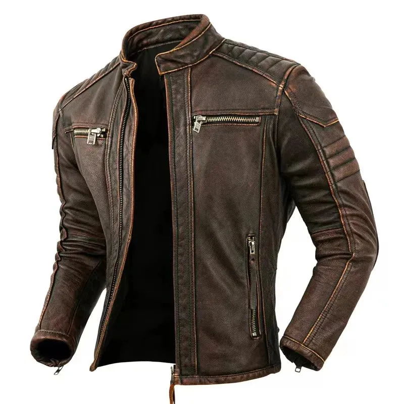 Top-Quality Cowhide Genuine Leather Jacket Men's Fashion Retro Old Collar Biker Jacket Spring And Autumn New Style