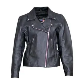 Women's Analine Leather Motorcycle Jacket with Studded Back and Vertical Braid