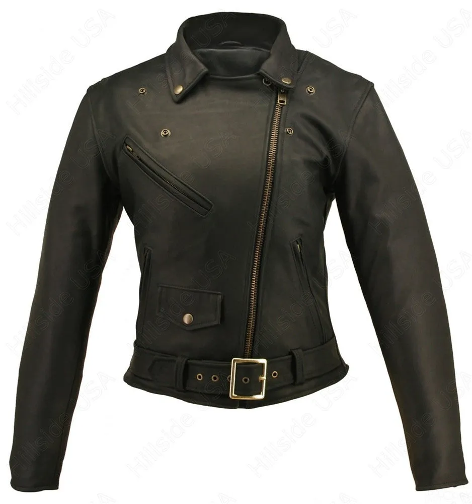 Womens Made in USA Naked Leather Classic Belted Motorcycle Jacket